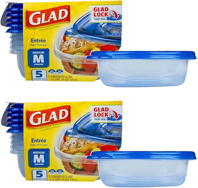Glad GladWare Entree Food Storage Containers with Lids, Medium Square BPA Free Plastic for Meal Prep and Lunches, Lock Tight Seal, Microwave and Dishwasher Safe, 25 Oz, 5 Count - 2 Pack
