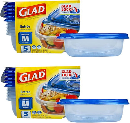 Glad GladWare Entree Food Storage Containers with Lids, Medium Square BPA Free Plastic for Meal Prep and Lunches, Lock Tight Seal, Microwave and Dishwasher Safe, 25 Oz, 5 Count - 2 Pack