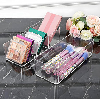 Acrylic Organizer, 2PK Cube Sections Makeup Organizer for Drawer, Makeup Organizer for Vanity, Countertop, Bathroom, Kitchen and Cabinet Storage(1+3 Compartment)