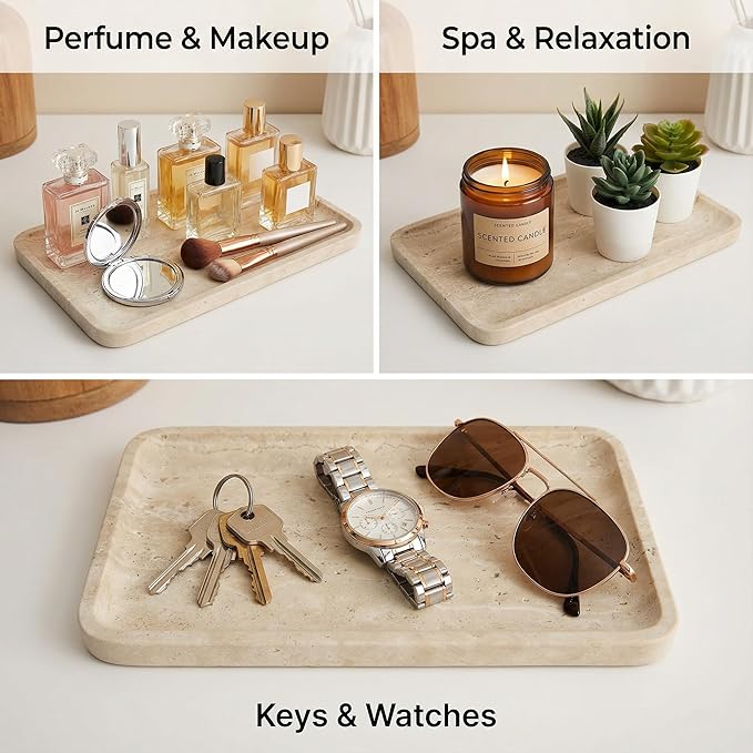 Natural Marble Vanity Tray for Bathroom Counter-12 X6 Decorative Tray for Perfume, Candles, Stone Jewelry Dish Tray