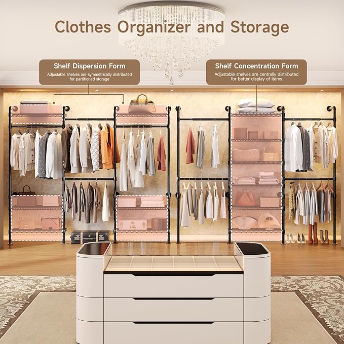 Wall Mounted Garment Rack, Walk-in Closet System with Expandable Rods, Adjustable Shelves, Industrial Pipe Clothing Racks, Hanging Clothes Organizers and Storage, Metal Closet Shelving Wardrobe