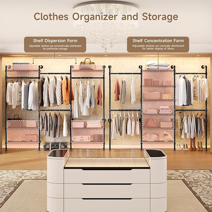 Wall Mounted Garment Rack, Walk-in Closet System with Expandable Rods, Adjustable Shelves, Industrial Pipe Clothing Racks, Hanging Clothes Organizers and Storage, Metal Closet Shelving Wardrobe