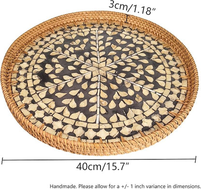 16" Rattan & Mother of Pearl Lazy Susan with Artisan Inlay - Round Black Rotating Turntable - Modern Server for Spices, Condiments & Holiday Hosting