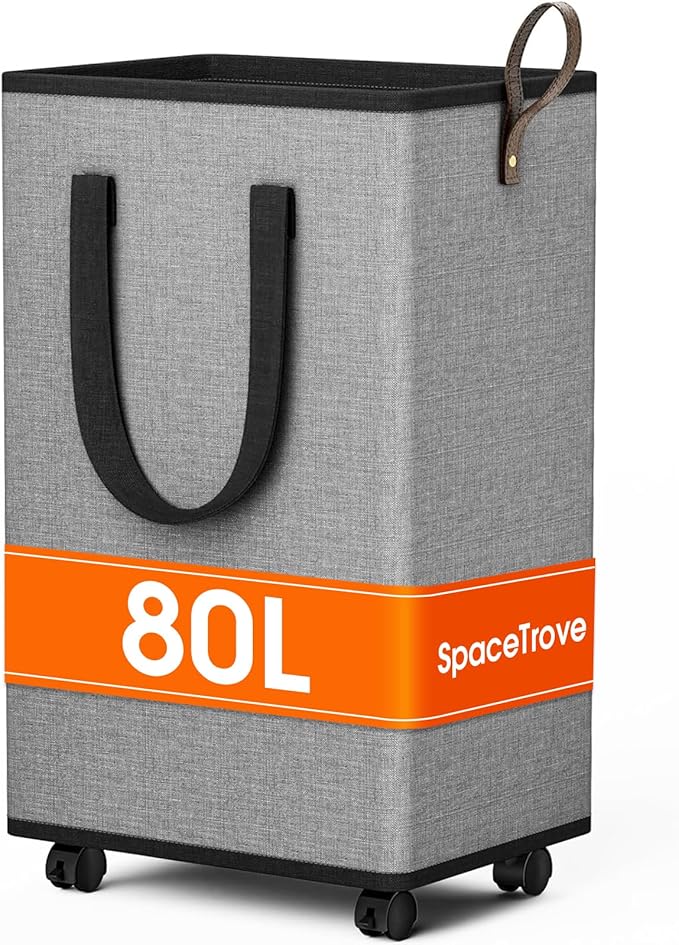 SpaceTrove Laundry Basket with Wheels, Collapsible Laundry Baskets, Laundry Hamper with Handles Detachable Wheels, Rolling Laundry Basket, Dirty Clothes Hamper for Bathroom, Dorm, Bedroom, Grey, 80L