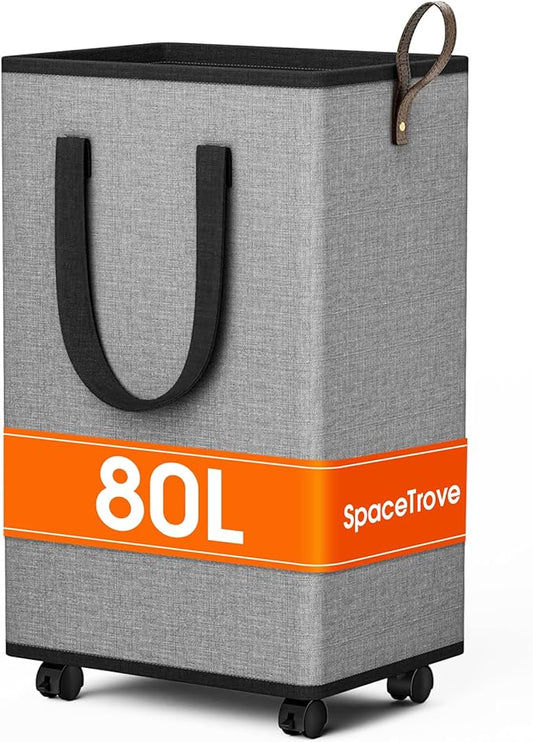 SpaceTrove Laundry Basket with Wheels, Collapsible Laundry Baskets, Laundry Hamper with Handles Detachable Wheels, Rolling Laundry Basket, Dirty Clothes Hamper for Bathroom, Dorm, Bedroom, Grey, 80L