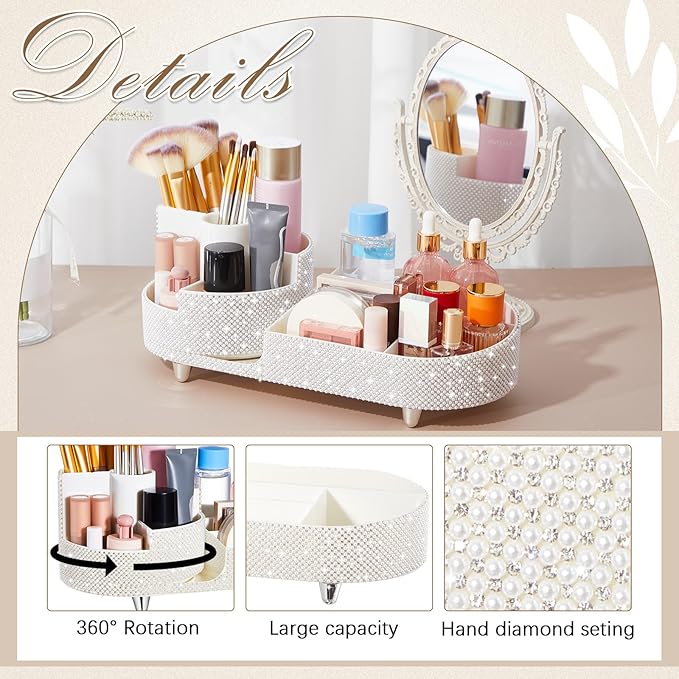 Teen Girls Mother's Day 360 Rotating Bling Makeup Organizer Gift Rhinestone Diamond Bathroom Organizer Girly Skin Care Brush Holder for Countertop, Bathroom Essentials(White,Pearl)