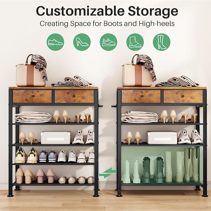 Kitstorack Shoe Rack, 4 Tier Shoe Organizer for 9-12 Pairs of Shoes, with 2 Drawers, 3 Fabric Shelves and Wooden Top, Shoe Rack for Closet Entryway, Rustic Brown