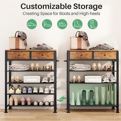Kitstorack Shoe Rack, 4 Tier Shoe Organizer for 9-12 Pairs of Shoes, with 2 Drawers, 3 Fabric Shelves and Wooden Top, Shoe Rack for Closet Entryway, Rustic Brown