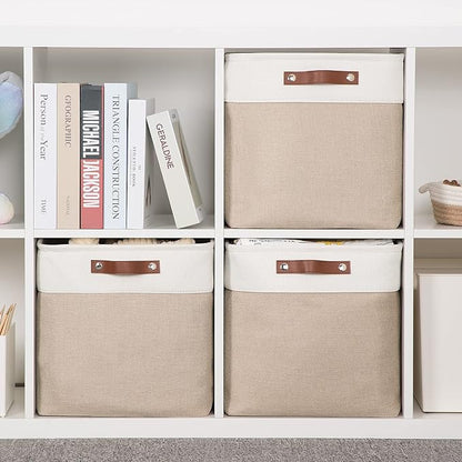 HNZIGE Cube Storage Baskets for Shelves Foldable Storage Baskets(3 Pack) Cube Storage Bin,13 Inch Storage Basket for Organizing with Leather Handles for Toys, Clothes, Kids , Closet (White&Beige)