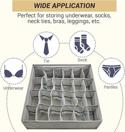 PINGMIC Gray Sock Organizer Divider 2 Pack - 24 Cell Foldable Closet Storage, Tie Organizer For Men Boxes for Socks, Ties, Belts