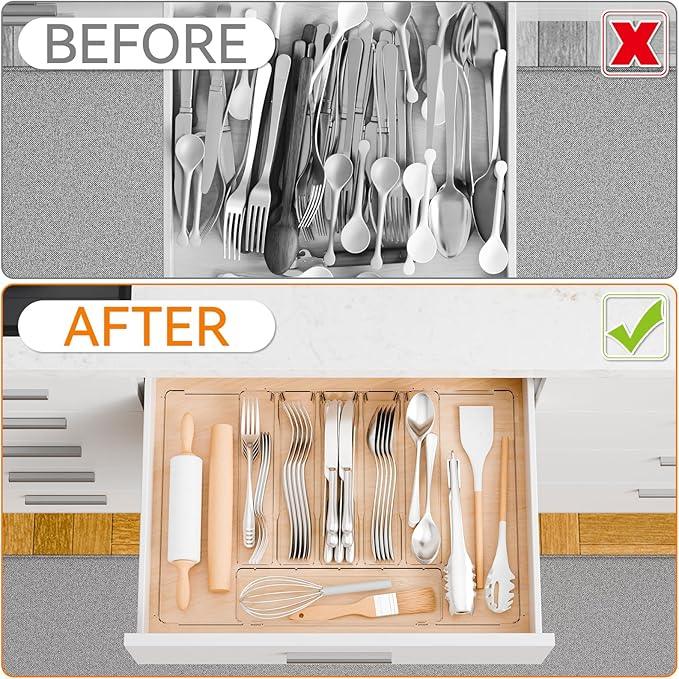 Yieach Large Clear Expandable Silverware Drawer Organizer for Kitchen,BPA FREE Adjustable Utensil Drawer Organizer and Silverware Tray,Plastic Flatware Organizers,Cutlery,Knife,Fork and Spoon Holder