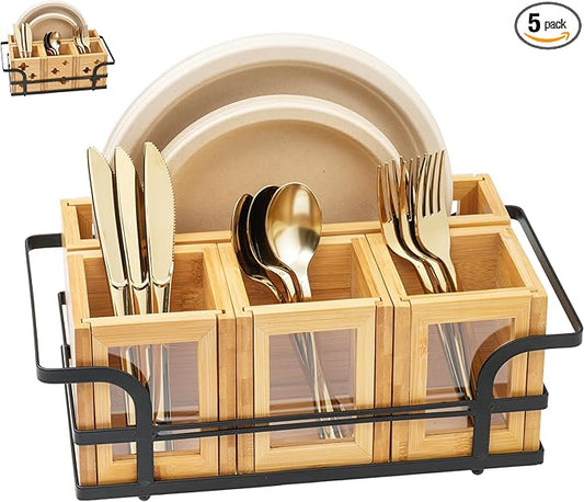 Silverware Caddy Wood Utensil Holder Silverware Utensil Caddy Cutlery Flatware Paper Plate Dispenser Organizer for Spoons Forks Plates Napkins (Acrylic)