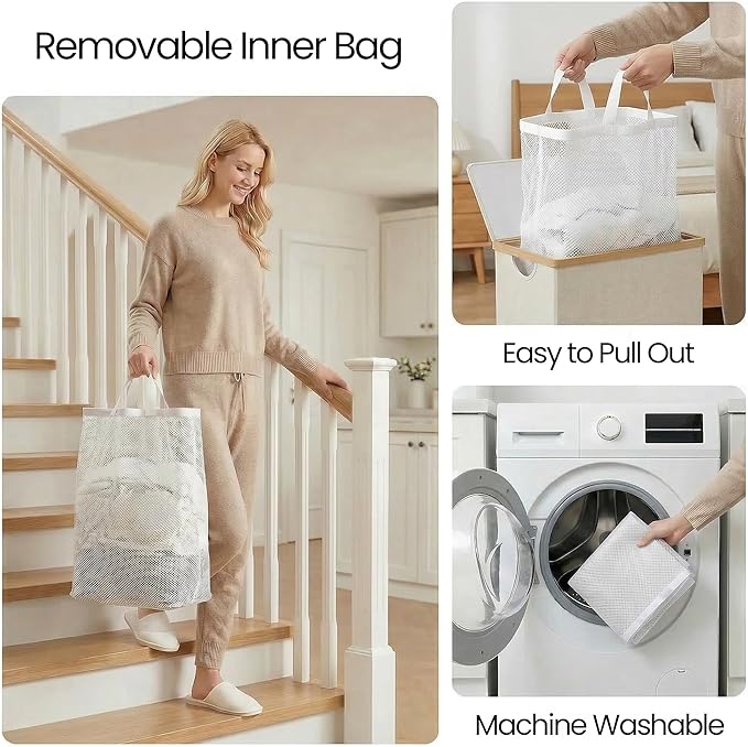 efluky Laundry Basket with Lid and Removable Bag, 100L Tall Laundry Hamper with Bamboo Handles, Aesthetic Dirty Clothes Bin for Laundry Room, Bathroom, Bedroom and Dorm, Beige