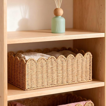 Scalloped Basket, Wicker Storage Baskets, Hand Woven Baskets for Shelves,Natural Baskets for Organizing (M-14" L x 10.5" W x 6" H)