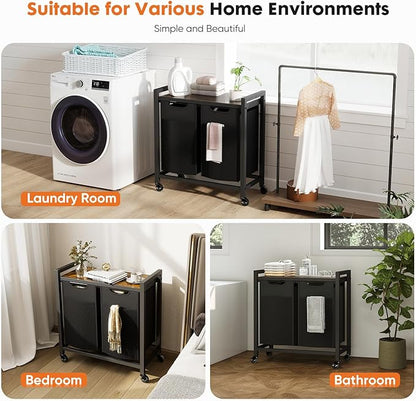 DUMOS Laundry Hamper with 2 Pull-Out Removable Sorter Bags, Movable Wheels, Freestanding Clothes Basket Organizer in Bathroom, 2 × 13.1Gal (99L) Capacity, Rustic Brown and Black