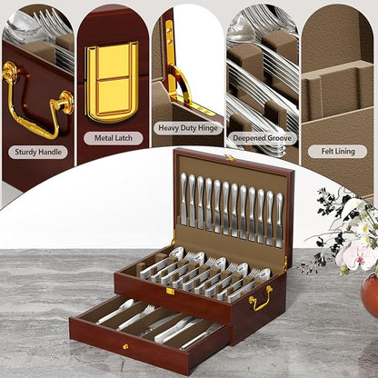 Walnut Silverware Storage Box,Silverware Flatware Case with Felt Lined,Flatware Storage Box for 12 sets of Utensils,Silverware Chest without Silverware,Silverware Organizer with Lid