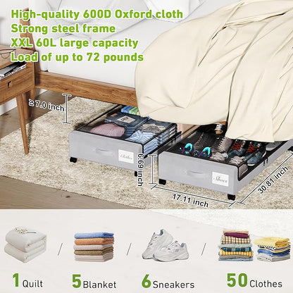YAASHEEN Under Bed Storage with Wheels, 2-Pack Under the Bed Storage Containers with Clear Lids & Label, Underbed Storage Bins, XXL 60L Rolling Metal Drawer for Clothes, Shoes, Toys, Books - Gray