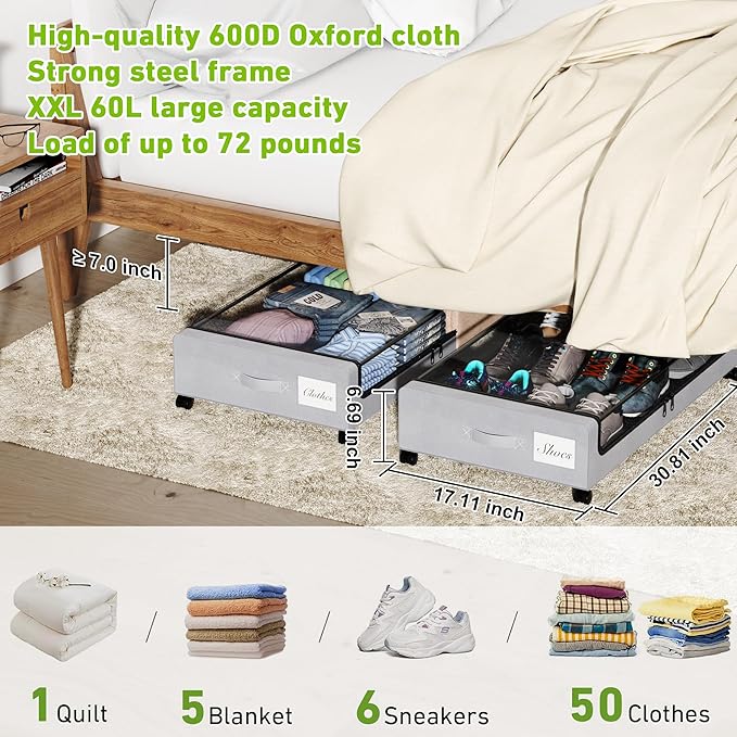 Tututry Under Bed Storage with Wheels, XXL 60L Under the Bed Storage Bins, Underbed Storage Containers with Lids & Label, Rolling Metal Drawer for Shoes, Clothes, Books, Toys (4-Pack Gray)