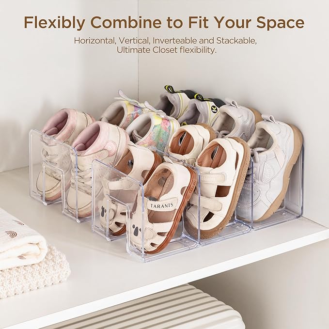 HBlife Widened 4.17 Inch Clear Acrylic Kids Shoe Rack for Closet Organizers and Storage, Small Shoe Rack 3 Sections Toddler Baby Shoe Storage Organizer Shelf, Desk File Book Purse Organizer(4 Pack)