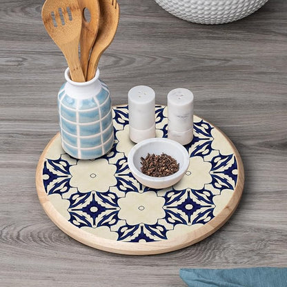 CounterArt Decorative Round Natural Wood Lazy Susan Turntable 14" Diameter Condiment Caddy, Cheese Server, Cake Plate, Spice Organization (Blue Tile Floral)