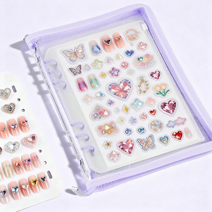 18PCS Press On Nail Organizer Clear Empty Press on Nail Packaging Set with 8 Insert Pages,8 nail double tape and 1 Zipper Pocket for Fake Nail Storage Nail Art Salon (purple)