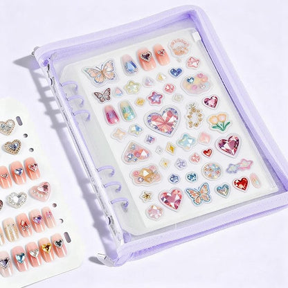 18PCS Press On Nail Organizer Clear Empty Press on Nail Packaging Set with 8 Insert Pages,8 nail double tape and 1 Zipper Pocket for Fake Nail Storage Nail Art Salon (purple)