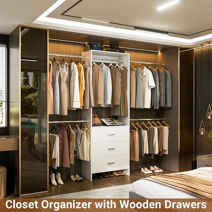 Aheaplus Closet System, Closet Organizer with 3 Wooden Drawers, Closet Organizer System, Walk-in Closet Wardrobe Clothes Rack with 4 Hanging Rods, Garment Rack, -4R, White