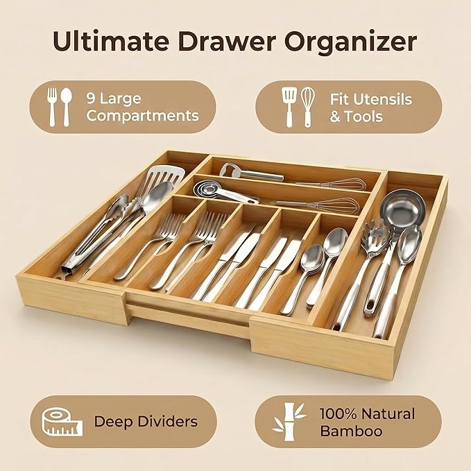 Expandable Bamboo Silverware Drawer Organizer - 20" Extra Wide Cutlery Tray with 9 Deep Compartments - 17.3" Length Large Utensil Holder & Kitchen Drawer Divider (Natural)