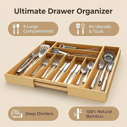 Expandable Bamboo Silverware Drawer Organizer - 20" Extra Wide Cutlery Tray with 9 Deep Compartments - 17.3" Length Large Utensil Holder & Kitchen Drawer Divider (Natural)