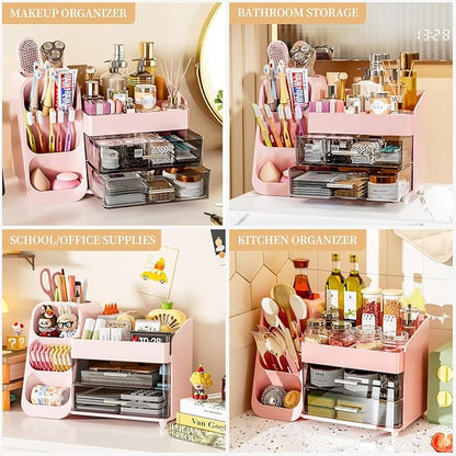Makeup Organizer with Drawers for Vanity Bathroom Counter Organizers and Storage, Large Skincare Organizer with Brush Toothbrush Holder for Perfume, Nail Polish, Dresser, Office Supplies, Pink