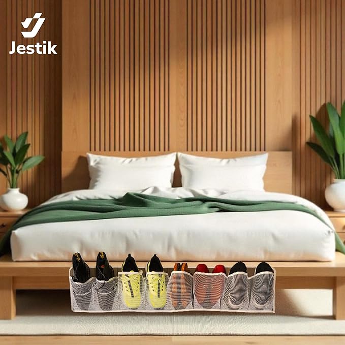 Jestik RV Shoe Storage for Bedside - 16 Large Pocket Bed Hanging Shoe Organizer Bag with Hooks, Wall Mounted Shoes Rack, Foldable Mesh Pockets, Bedside Caddy for Shoes, RV & Camper Essentials (2 Pack)