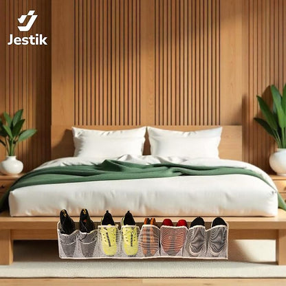 Jestik RV Shoe Storage for Bedside - 16 Large Pocket Bed Hanging Shoe Organizer Bag with Hooks, Wall Mounted Shoes Rack, Foldable Mesh Pockets, Bedside Caddy for Shoes, RV & Camper Essentials (2 Pack)