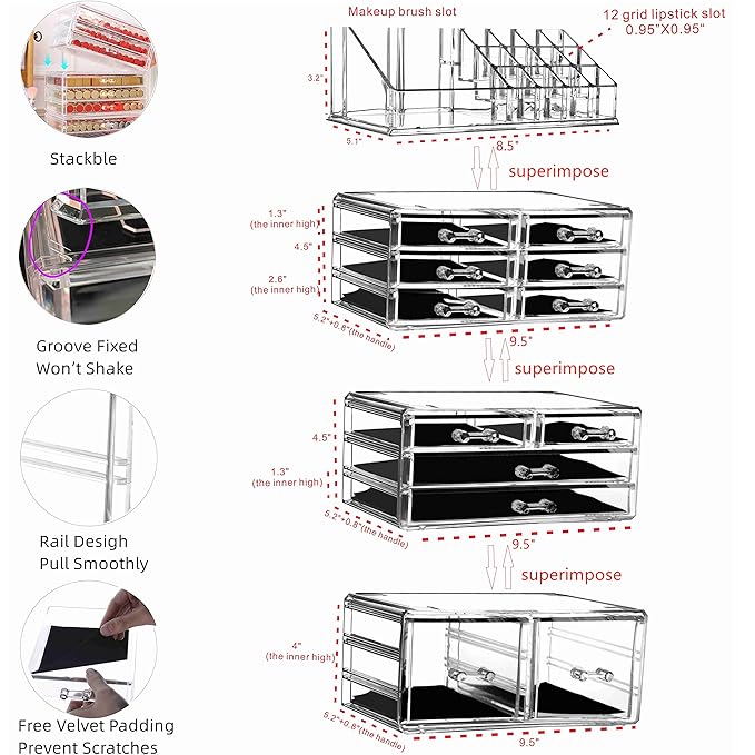 Cq acrylic 4 Pack Clear Makeup Organizer Countertop,Stackable 12 Drawers Skincare Organizer,Cute Skin Care Organizer for Vanity Hair Clip,Jewelry,Beauty Product Desk and Make Up Organizers for Vanity