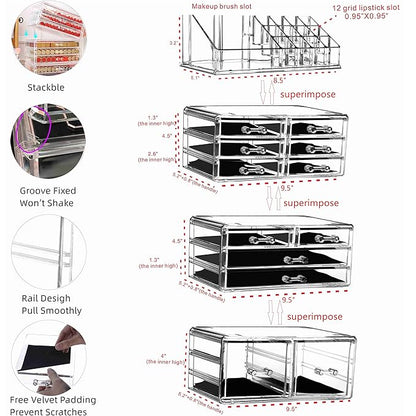 Cq acrylic 4 Pack Clear Makeup Organizer Countertop,Stackable 12 Drawers Skincare Organizer,Cute Skin Care Organizer for Vanity Hair Clip,Jewelry,Beauty Product Desk and Make Up Organizers for Vanity