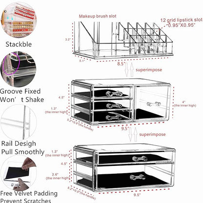 Cq acrylic 3 Pack Clear Makeup Organizer Countertop, Stackable 6 Drawers Skincare Organizer,Cute Skin Care Organizer for Vanity Hair Clip,Jewelry,Beauty Product Desk and Make Up Organizers for Vanity