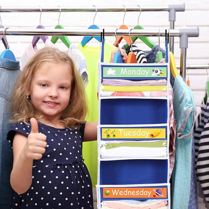 2 Pack 5 Shelf Weekly Clothes Organizer for Kids Over the Door Hanging Storage Monday through Friday Heavy Duty Clothes Organization for Bathroom Nursery Bathroom Kitchen(Blue)