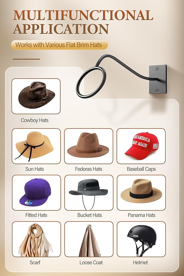 Cinati Cowboy Hat Rack for Wall 6 Pack, Cowboy Hat Holder Wall Mount, Western Rustic Metal Hats Hanger Hooks Organizer for Fedora,Sun Hats,Wide Brim,Western Room Decor