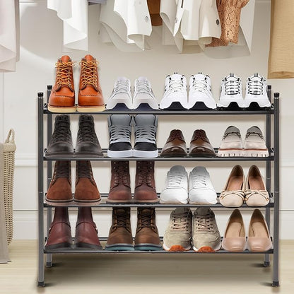 Shoe Rack, Expandable Shoe Storage Organizer for Closet, 4 Tier Metal Shoe Rack for Entryway, Adjustable Small Shoe Shelf for Front Door Entrance, Small Space, Garage