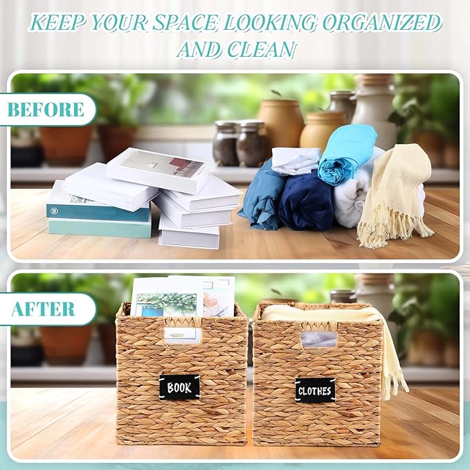 Jinei 12 Pcs Wicker Storage Basket Bulk, 12 x 12 Inch Handwoven Water Hyacinth Folding Cube Bin with Handles Labels for Shelves Pantry Laundry Organization