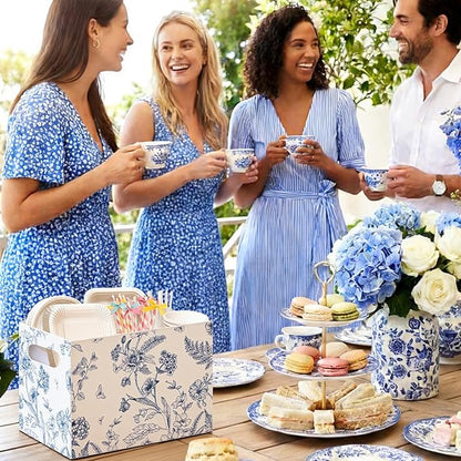 Sliner 2 Pcs Blue and White Floral Utensil Holder Paper Utensil Caddy for Wedding Bridal Shower Party Supplies Cutlery Holder with Handles Disposable Flower Butterfly Cutlery Organizer Snack Box Favor