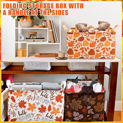 Geelin 3 Pcs Thanksgiving Storage Baskets for Gifts, Collapsible Waterproof Canvas Harvest Autumn Maple Leaf Storage Bin Organizer with Handles for Book Closet Shelf Nursery Autumn Home Decor
