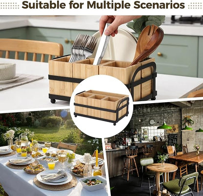 Silverware Caddy for Party, 4-Compartment Wood Utensil Holder with Metal Frame, Paper Plate Holder, Flatware Organizer for Forks, Spoons, Napkins, Countertop Table Buffet