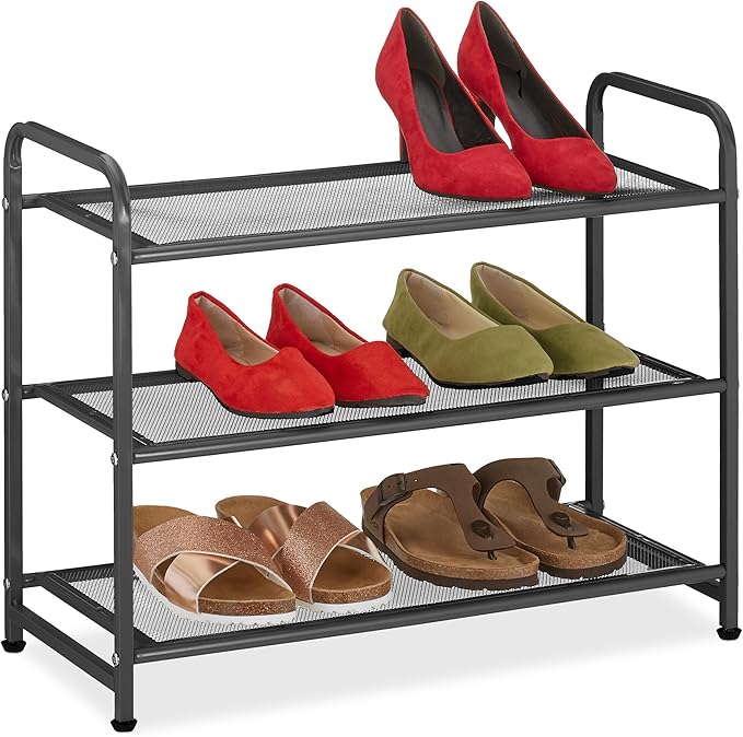 Relaxdays Rack, Organiser with 3 Levels, 6 Pairs of Shoes, HWD: 48 x 60 x 25 cm, Metal, Hallway Storage, Black, Steel