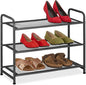 Relaxdays Rack, Organiser with 3 Levels, 6 Pairs of Shoes, HWD: 48 x 60 x 25 cm, Metal, Hallway Storage, Black, Steel