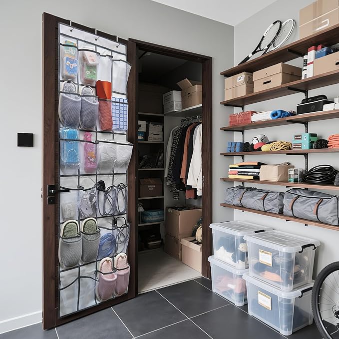 Over the Door Shoe Organizer, 24 Large Breathable Mesh Pockets, Space Saving Hanging Storage Holder, Hangs on Closets for Shoes, Accessories, 3Hooks, GREY (66"x 19")