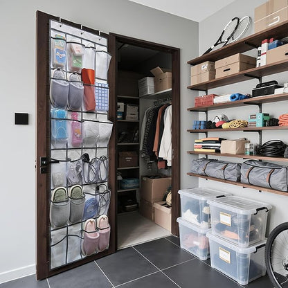Over the Door Shoe Organizer, 24 Large Breathable Mesh Pockets, Space Saving Hanging Storage Holder, Hangs on Closets for Shoes, Accessories, 3Hooks, GREY (66"x 19")