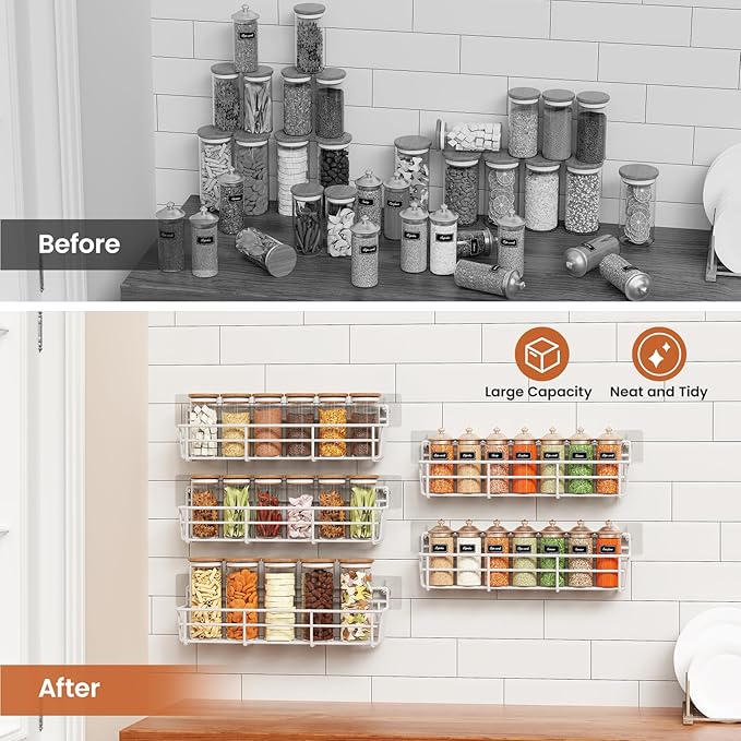 Mystozer 5 Pack Spice Rack Seasoning Organizer Wall Mount, Kitchen Organization Kitchen Storage Spice Shelf Screw or Adhesive Hanging Shelf Basket Spice Organizer Shelf for Kitchen, Pantry (White)