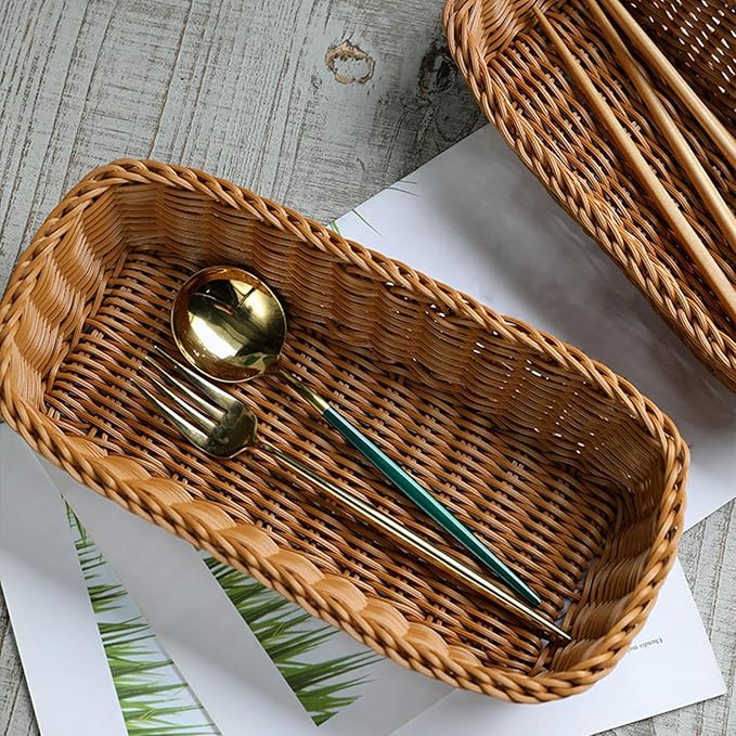 Chopsticks Fork Storage Tray Woven Cutlery Basket, Handwoven Imitation Rattan Silverware Tray for Countertops Cabinets Spoons, 26cmx12cmx6cm
