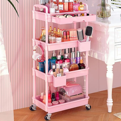 Goovilla Rolling Makeup Organizer Cart with Removable Drawer, 4 Tier Stable Pink Floor Skincare Storage Cart for Vanity, Cosmetic Display, Nail Polish, Perfume, Hair Stuff, Beauty, Bathroom(Plastic)