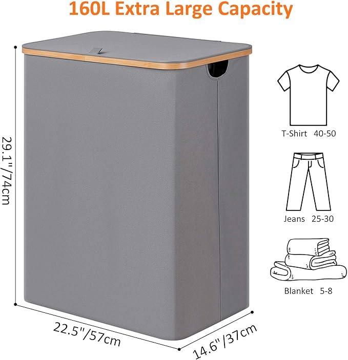 efluky Laundry Hamper with Lid, Trio Laundry Basket with 2 Removable Bags, 3 Section Laundry Bin with Bamboo Handles for Bathroom, Bedroom & Laundry Room, 160L (42.3 Gallon) Silver Grey
